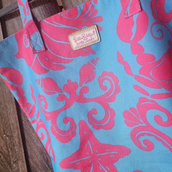 Lilly Pulitzer for Estee Lauder Pink Blue Crabs Shells Canvas Tote Beach Bag EUC - Picture 3 of 8